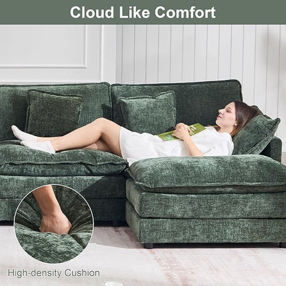 KIVENJAJA Chenille L-Shaped Modular Sectional Sofa, Modern Loveseat Comfy Deep Seat Cloud Couch with Ottoman/Chaise & 4 Pillows for Living Room Office Apartment, 76.7" W, Green