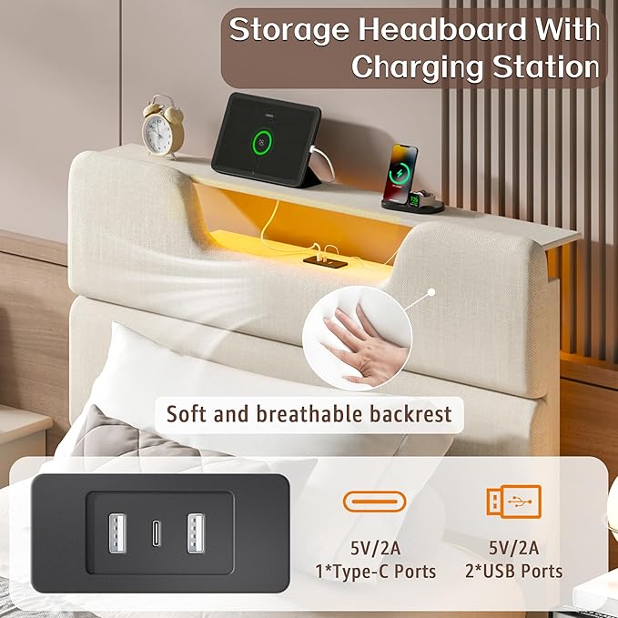 Twin Bed Frames for Kids, Twin Size Bed Frames with Upholstered Headboard, Modern Platform Bed with Charging Station and Led Lights, Sturdy Wooden Slats