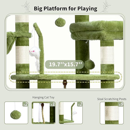 Gitelsnour Cat Tree, Cat Tower for Large Cats with 2 Big Platforms, 2 Baskets, condo and Toys, 63" Cat Scratching Posts for Indoor Cats, Green GCT020GR