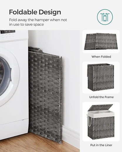 SONGMICS Laundry Hamper with Lid, 110L Clothes Hamper with 2 Removable Liner Bags, 6 Mesh Bags, Wicker Laundry Basket, Double Laundry Hamper for Bathroom, 13 x 22.4 x 23.6 Inches, Gray ULCB52WG