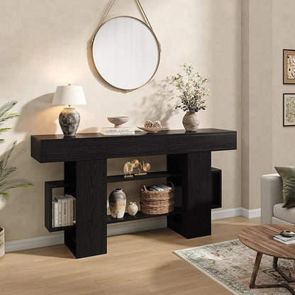 Feonase 63 Inches Long Console Table for Entryway, Wooden Sofa Table Behind Couch with 3-Tier Storage, Modern Narrow Entry Hallway Table for Living Room Foyer Entrance, Black