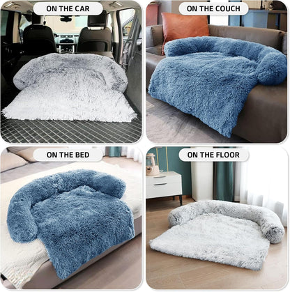 GGIB Calming Dog Bed Fluffy Plush Dog Mat for Furniture Protector with Removable Washable Cover for Large Medium Small Dogs and Cats (Medium, Navy)