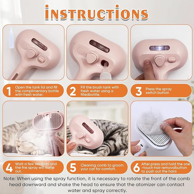 Cat Steam Brush with Release Button, Pet Spray Brushes for Shedding & Grooming, Mist Comb for Pet Long Short Haired, Steamy Brush for Cats Removing Loose Fur and Massage (Pink)
