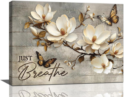 Floral Magnolia Bathroom Pictures Wall Art, Just Breathe Bathroom Wall Decor, Flower Butterfly Framed Painting Canvas Artwork for Bedroom Living Room Decorations 16"L x 12"W