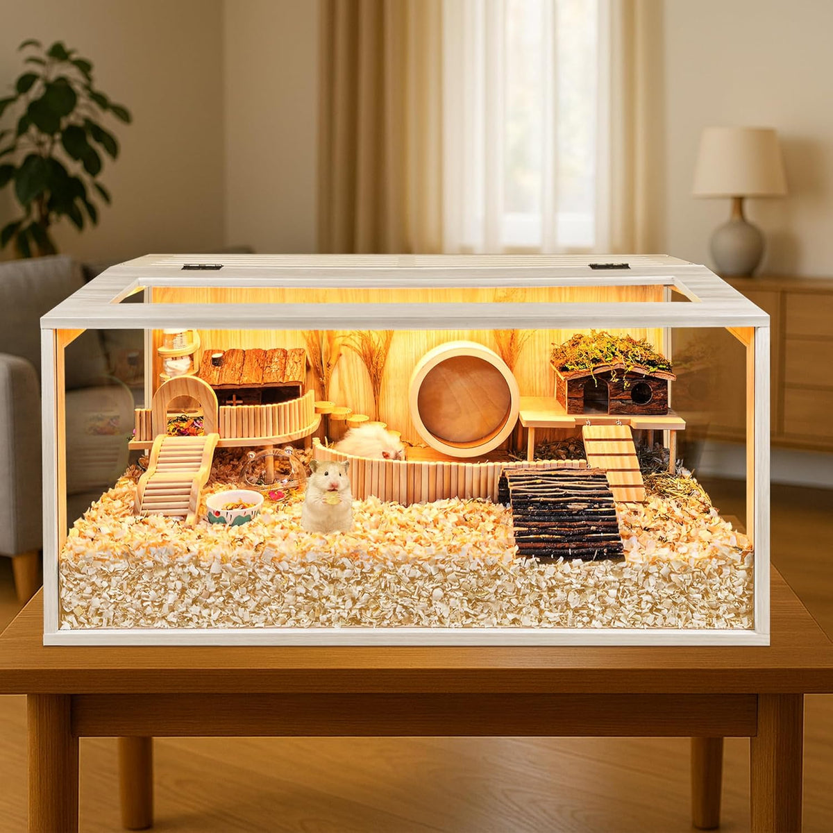 Prolee Hamster Cage Chewproof Wooden 24 Inch Guinea Pig Cages Mice and Rat Habitat Openable Top with Acrylic Sheets Solid Built