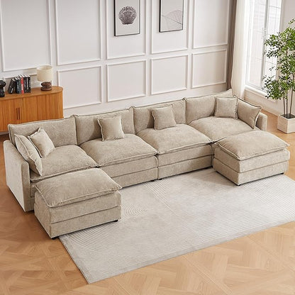 saows Modular Sectional Sofa, 147.2 Inch U Shaped Couch Set with Armrests, 4-Seater Comfy Cloud Couches with Movable Ottoman for Living Room Apartment, Coffee