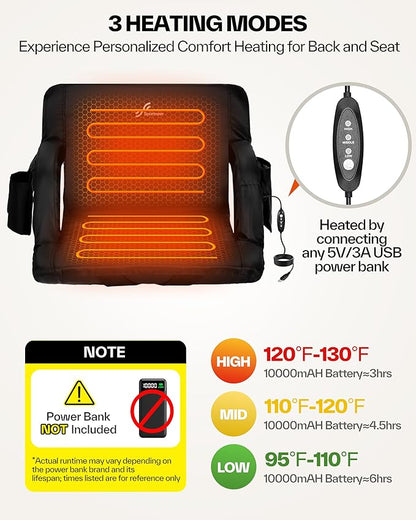 Sportneer Heated Stadium Seats for Bleachers: 3 Heated Modes 6 Reclining Positions Stadium Seats with Back Support for Sport Events Camping Parks Concerts