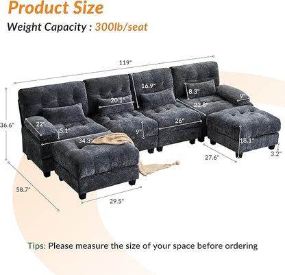 GRAINLLE 119'' Modular Sectional Cloud Couch with 2 Ottoman,Deep Seat Sleeper Sofa U Shaped Sectional Couch,Convertible Upholstered Comfy Chenille Sectional Sofa for Living Room,Bedroom(Blue)