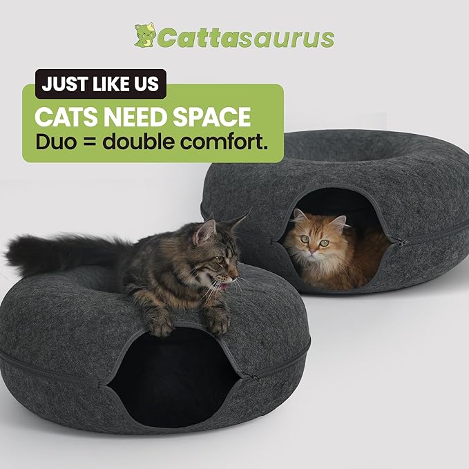 Cattasaurus Peekaboo Cat Cave, Extra Spacious for Multiple & Large Cats 12+ lbs, Scratch Detachable Beds for Indoor Cats, Washable Tunnel Bed, Comfy Cat Donut Tunnel (Dark Gray+Dark Gray, Jumbo)