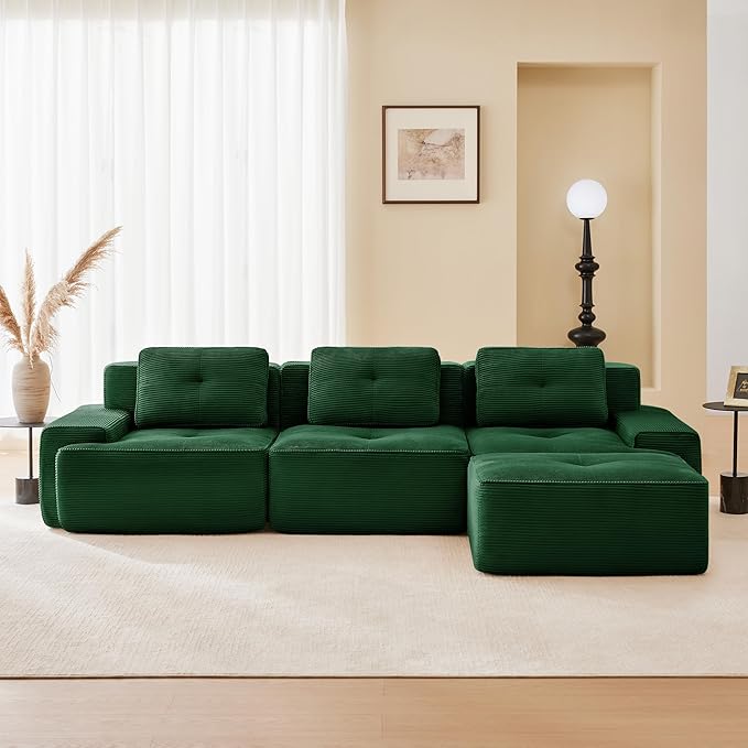 115.3'' Sectional Sofa, 32D Foam Corduroy Boneless Couch with Pillow, Deep Seat Wide Arm Sectional L Shaped Couch for Living Room, Apartment, Bedroom