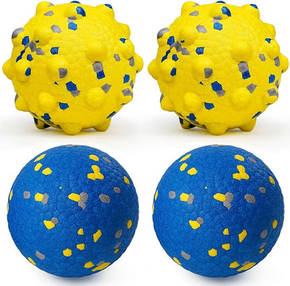 Dog Tennis Balls for Aggressive Chewers, Indestructible Durable Bouncy Interactive Toy for Dogs Fetch Game Lightweight Floating Outdoor Training(2 Yellow Point+ 2 Blue Circle Large)