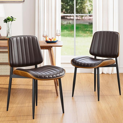 YaFiti Dining Chairs Set of 8, Mid Century Modern Dining Room Kitchen Chairs, Upholstered PU Leather Vertical Stripe Chairs for Vanity with Walnut Bentwood and Metal Legs, Brown