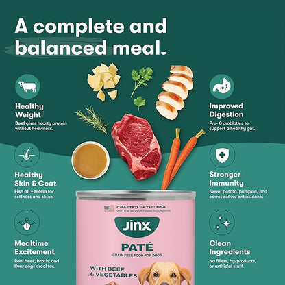 Jinx Premium Wet Dog Food Cans - Beef Pate - Grain-Free Canned Dog Food Pate & Topper with Real Ingredients & No Fillers - All Life Stages, Breeds & Sizes - 12-Pack, 13 Oz