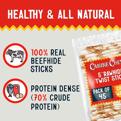 Canine Chews Chicken-Wrapped Rawhide Twists for Dogs - Pack of 45 U.S.A. Sourced Chicken Wrapped Rawhide Dog Treats, Sticks for Dogs - Premium & Natural Beefhide Chews