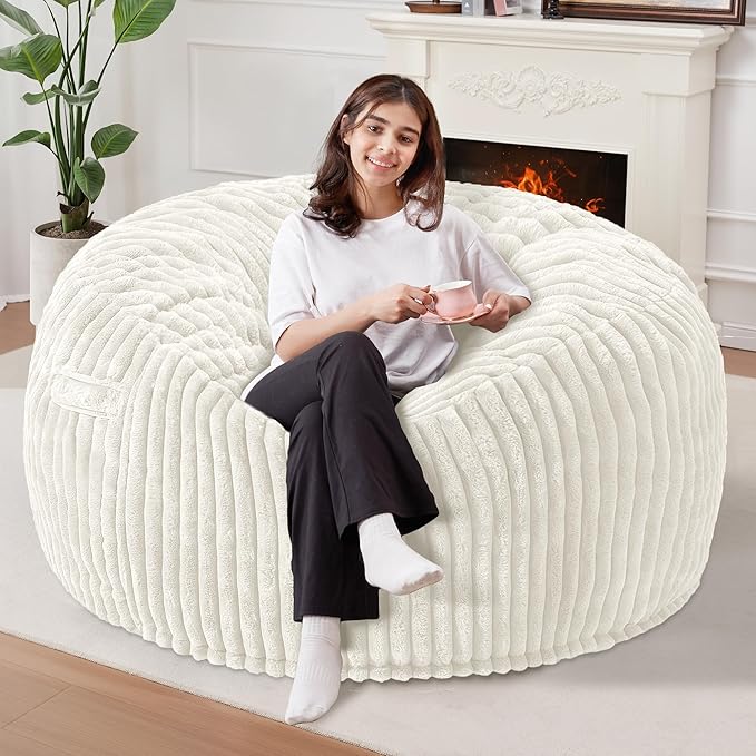 Homguava 4 FT Bean Bag Chair,4' Big Bean Bag,Large Bean Bag Chairs for Adults with Memory Foam Filled,Comfy Beanbag Chairs Soft Bean Bag Sofa with Dutch Corded Plush Cover-White