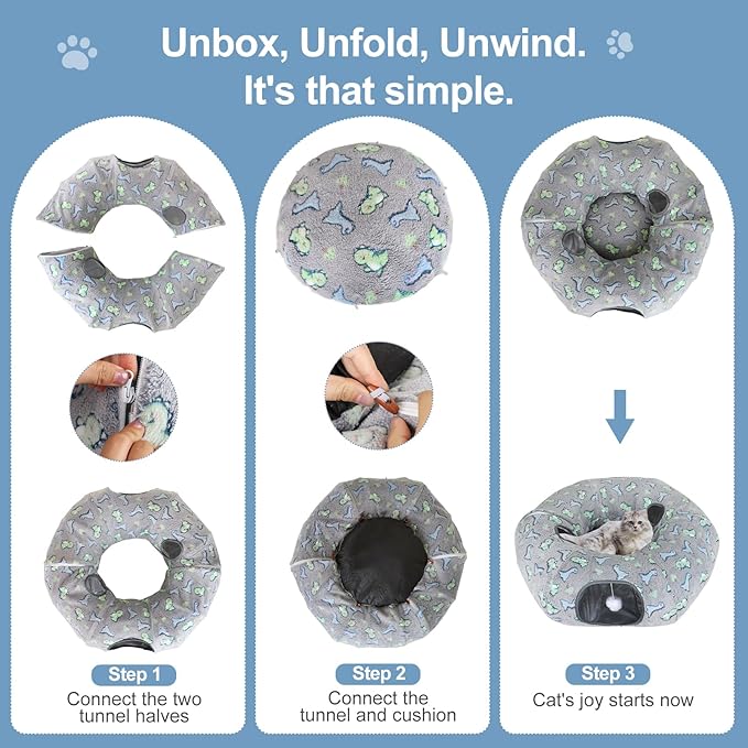 Cat Tunnel Bed, Foldable Cat Donut Tunnel with Removable Cushion & Toy Ball, Stress Relief Fun, Round Pet Play Tunnel for Indoor Cats, Kittens and Small Pets (3D Dinosaur Pattern)
