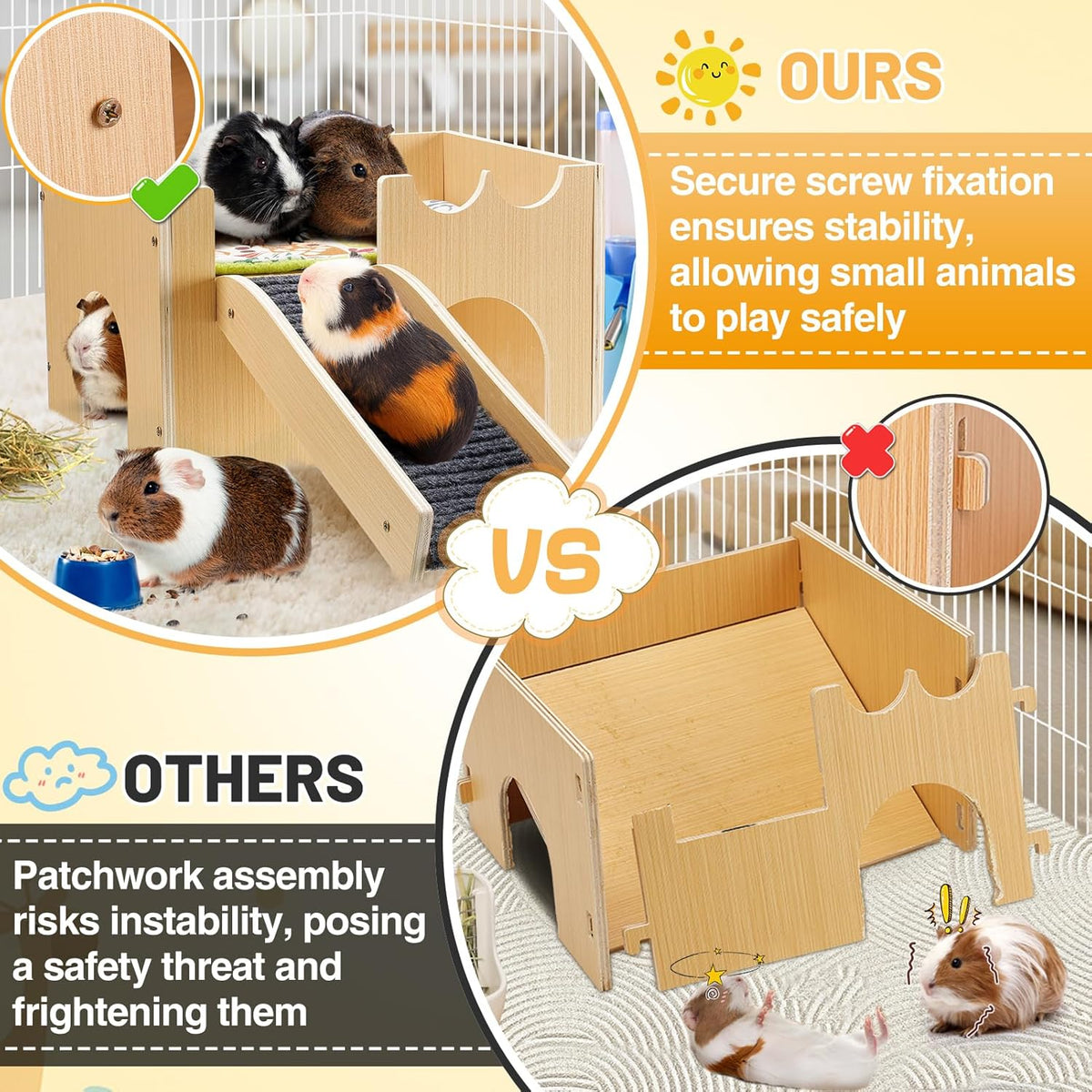 Upgraded Guinea Pig Castle, Sturdy Wooden Guinea Pig Hideout, Small Animal House Bed Hut Habitats with Stairs, Easy to Assemble for Hamsters Bunny Chinchillas Playing Hiding