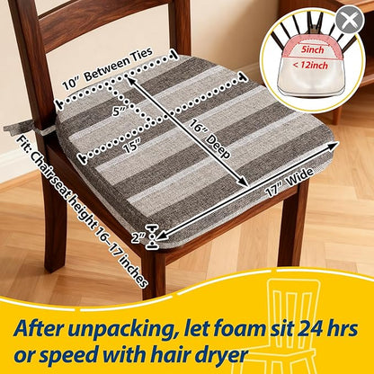 AAAAAcessories D-Shaped Chair Cushions, 2" Thick Dining Chair Pads with Ties and Removable, Machine-Washable Cover, 17" x 16", Set of 4, Boldstripes Chocolate/Beige