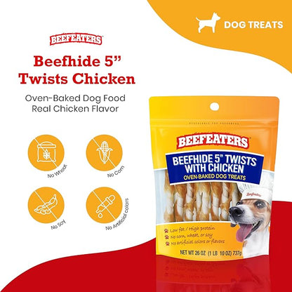 Beefeaters Beefhide 5in Twist with Real Chicken – Protein-Rich Dog Treats for Clean Teeth, Ideal for Training & All Dog Sizes