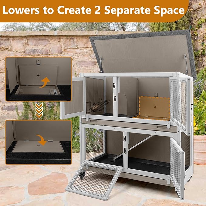 2 Story Rabbit Hutch Indoor & Outdoor, Wooden Rabbit Cage with 2 Leak-Proof Pull-Out Trays, 4 Wheels, Ramp, Chew-Anti Metal Strip for Rabbit, Guinea Pig, Hamster (36" L x 17.8" W x 36.7" H)