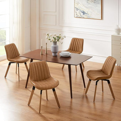 Art Leon Dining Chairs Set of 4, Mid Century Modern Swivel Kitchen Dining Room Chairs, Upholstered Faux Leather Armless Side Chairs with Wood Legs for Living Room Bedroom, Red Brown
