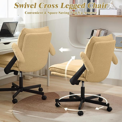 Kassipo Criss Cross Legged Office Chair with Wheels and Flip-Up Arms, Upholstered Criss Cross Desk Chair, Wide Seat Chairs for Home Office, Vanity, Apartment, Yellow