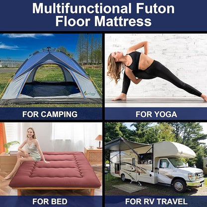 Japanese Floor Mattress,Thicken Japanese Floor Sleeping Pad Foldable,Roll Up Tatami Mat Easy to Store and Portable,Futon Mattress Suitable for Camping and Guest Room (Khaki, Queen (80" X 60"))
