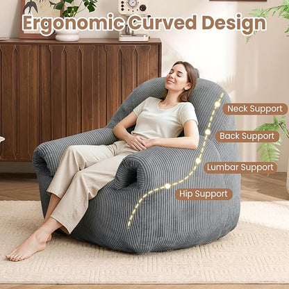 Peace nest Bean Bag Chair with Memory Foam Filled Ultra Soft Corduroy Cover for Adults Comfy Fur Bean Bag Chairs with Armrests for Bedroom Living Room Office Dorm Reading Grey