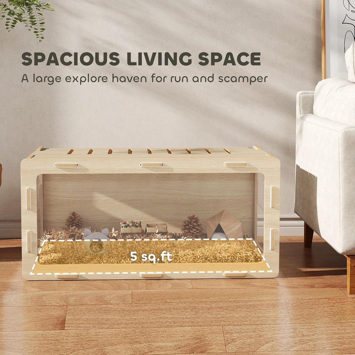 PawHut Hamster Cage with Easy View Acrylic Panels, Small Animal Cage with Air Vents & Openable Roof, Large Habitat for Dwarf, Gerbil, Guinea Pig, Rat, 39" x 20" x 18.5", Oak