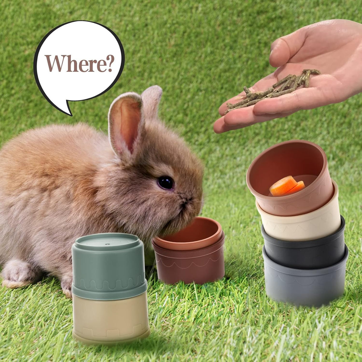 MEWTOGO 8 Pcs Stacking Cups for Bunny - Multi-Colored Reusable Rabbits Bunny Toys of Different Sizes, Safe Plastic Nesting Toys for Guinea Pig Hamster Gifts Hiding Food and Playing