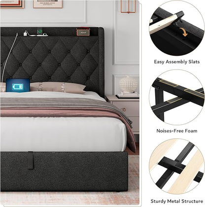 iPormis Full Size Lift Up Storage Bed Frame with Charging Station, Upholstered Platform Bed Frame with Tufted Headboard, Hydraulic Storage, No Box Spring Needed, Noise-Free, Easy Assembly, Dark Grey
