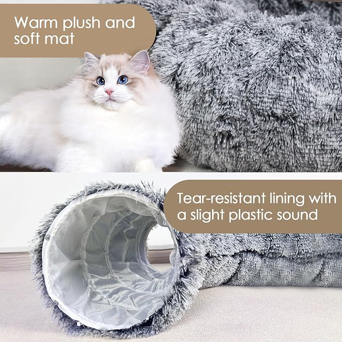 Cat Tunnel Bed for Indoor Cats, Peekaboo Cat Cave with Washable Soft Play Mat, Furry Cat Tube, for Kitten/Puppy/Rabbit, Black