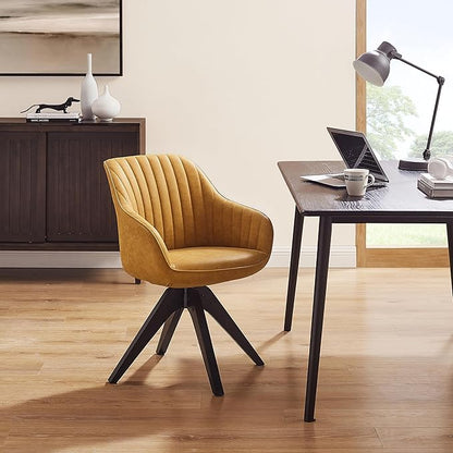 Art Leon Office Chair No Wheels, Mid Century Modern Desk Chair, Swivel Accent Chair with Oak Wood Legs, Faux Leather Upholstered Armchair for Desk, Yellow Brown