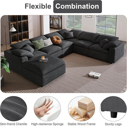 KIVENJAJA 130.3" W Oversized Modular Sectional Cloud Sofa Couch, Large Living Room Furniture Set, 7 Seater Convertible with Ottoman for Large Spaces, Chenille Fabric, Modern Style, Dark Grey