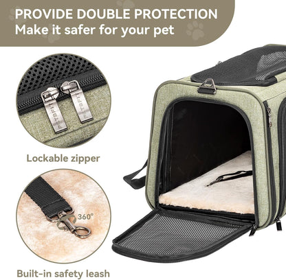 Petsfit Expandable Cat Dog Carrier Airline Approved, 17" L x 11" W x 11" H Soft-Sided Portable Pet Travel Carrier for Kitten, Puppy, Removable Soft Plush Mat and Pockets, Auto-Locking Zippers