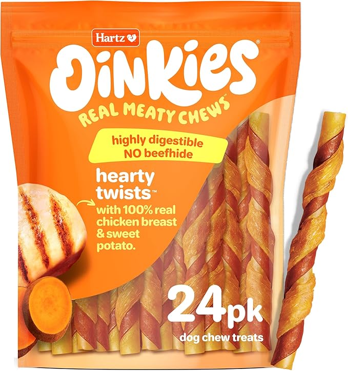Hartz Oinkies Hearty Twists with Real Chicken & Sweet Potato Rawhide-Free Dog Treats, Highly Digestible Dog Chews, 24 Count