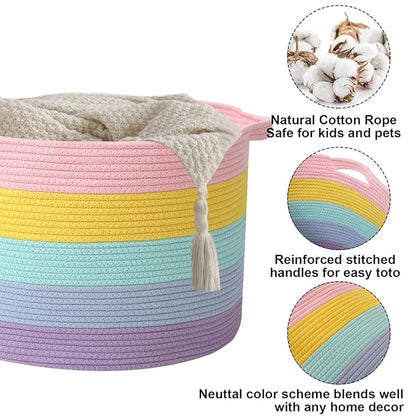 90L Large Blanket Basket,21.7"L x 21.7"W x 13.8"H Rope Woven Baskets with Handles, Toys Storage Bins,Laundry Basket Perfect for Living Room, Nursery,Bedroom,Home Organization,Colorful