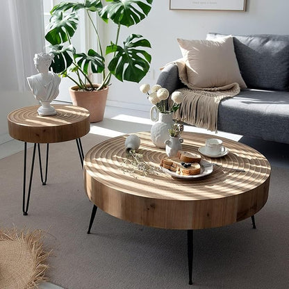 2-Piece Modern Farmhouse Living Room Coffee Table Set, Nesting Table Round Natural Finish with Handcrafted Wood Ring Pattern