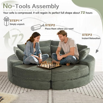 Antetek Chaise Lounge Chair Indoor, Convertible Folding Futon Sofa Bed w/ 5 Pillows, Fluffy Corduroy Boneless Compressed Memory Foam Couch for Living Room, Bedroom (Green, Left Half)