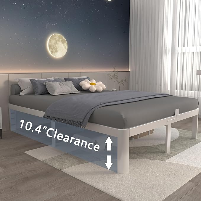 ITIMIDI 12 Inch White Queen Bed Frame, Metal Platform Bed Frame No Box Spring Needed, Heavy Duty Queen Size Bed Frame, Round Corner Legs, Easy Assembly, Under Bed Storage