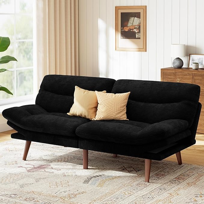 Marsail Futon Sofa Bed, Futon Couch with Adjustable Backrest & Armrests, Convertible Small Sleeper Sofa Bed for Small Apartments, Study Room, Office, Corduroy Loveseat, Black