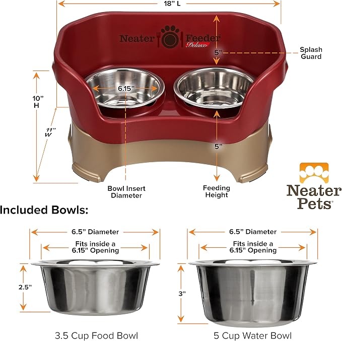 Neater Pet Brands Neater Feeder Deluxe Mess Proof Dog Bowls Elevated for Medium Dogs 19-40 lbs, Made in USA, No Spill Raised Dog Food Bowl Stand Feeding Station, Food and Water Bowl Set, Cranberry