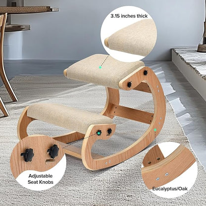 Easyego Kneeling Chair Ergonomic Posture Chair, Wood Adjustable Rocking Knee with Soft Padding, Natural Relief for Neck or Back Pain for Home Office, Max Load 300 lb - Beige