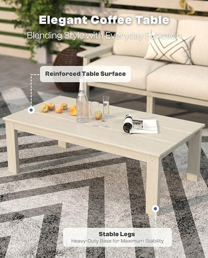 Patio Kingdom Patio Furniture Set 3 Seats, HDPE Outdoor Sectional with Washable Beige Thick Cushions, Coffee Table & Side Table, Patio Conversation Sets for Lawn, Garden, Porch, Balcony (White Frame)