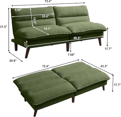 Futon Sofa Bed, 72" Small Couches for Small Spaces, Folding Love Seat Couch with Adjustable Back, Convertible Upholstered Sleeper Sofas for Living Room, Office, Apartment