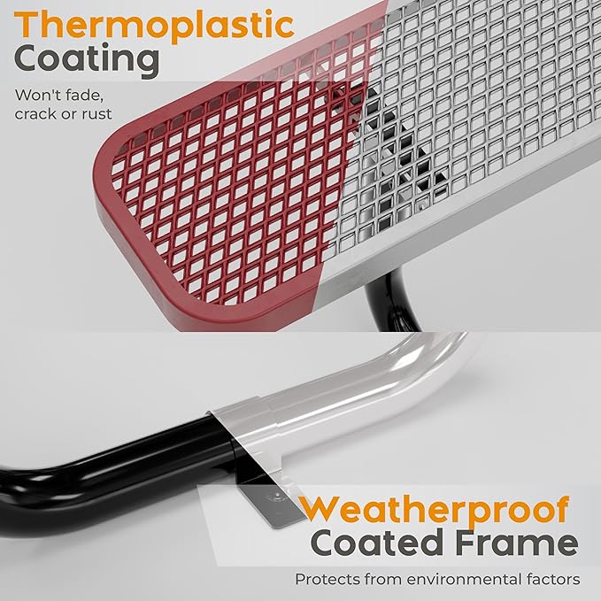 Metal Picnic Tables for Outdoors with Umbrella Hole - Coated Steel Heavy Duty Commercial Grade Furniture with Adjustable Seats (Red, 46 in, Square, Expanded Steel)