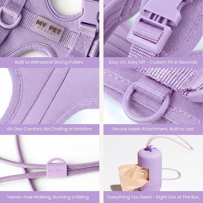 No Pull Dog Harness and Leash Set 3-in-1 Adjustable Anti Pull Dog Harness with Hands-Free Matching Leash,Poop Bag Holder,Easy Walk Dog Harness Extra Small Sized Dog(Lilac)