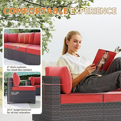 Gotland 11 Pieces Patio Furniture Set with Fire Pit Table Swivel Chairs, PE Rattan Outdoor Furniture with 29.5'' High Backrest 4’’ Thick Cushions, Outdoor Sectional for Porch, Deck, Garden, Red