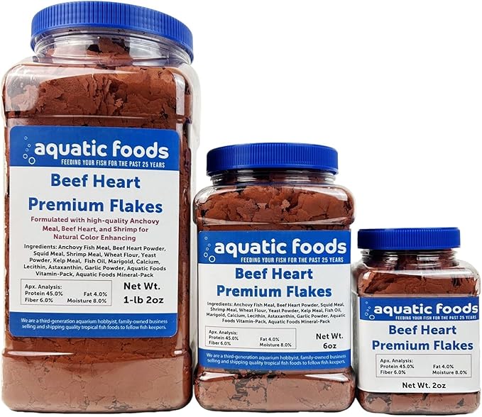 Aquatic Foods Inc. Premium Beef Heart Flakes for Discus, Cichlids, Carnivore Tropical Fish Also Pellet Mix, Wafer Mix Included…2oz Jar