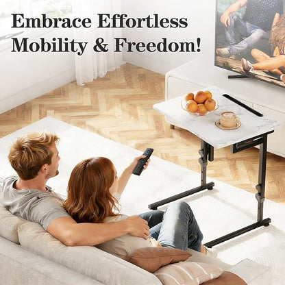 Katrawu Adjustable Height Tv Tray Table,Portable Folding Tv Dinner Snack Table,Small Foldable C-Shaped End Table for Eating,Slide Under Couch Side with Sturdy MDF Top,No Assembly(White Marble+Black)